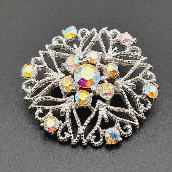 Vintage Snowflake Silver Tone Aurora Borealis Rhinestones 1 3/4 Inch Brooch - Picture 8 of 10